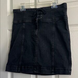 Free People Black Lace-Up High-Waist Denim Skirt